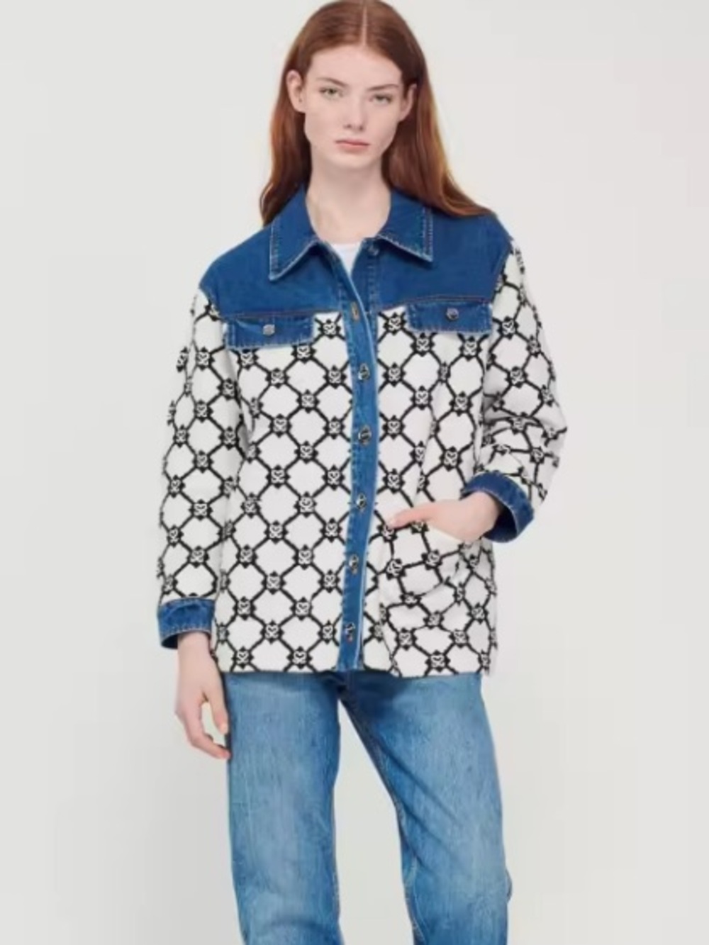 Sandro Blue and White Patterned Denim Jacket